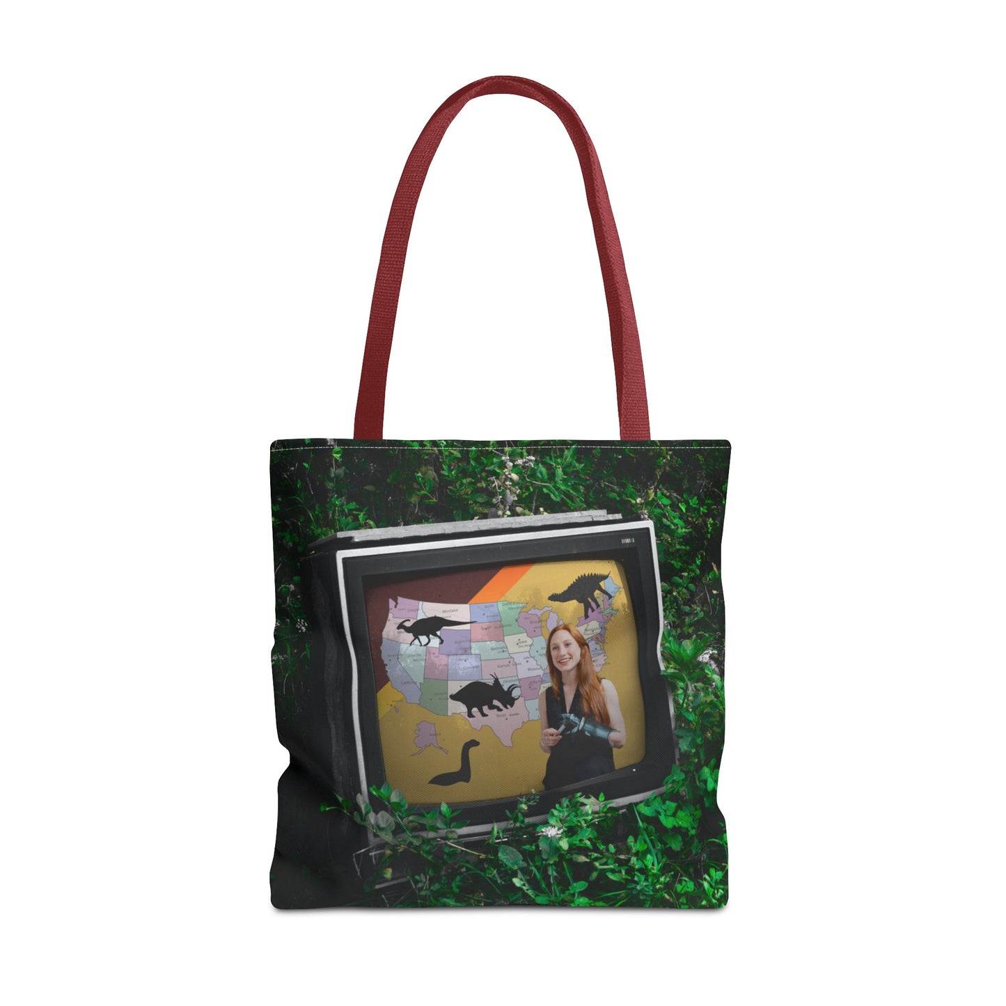 Unique Dystopian TV Scene Tote Bag with Weather Girl & Dinosaurs Map