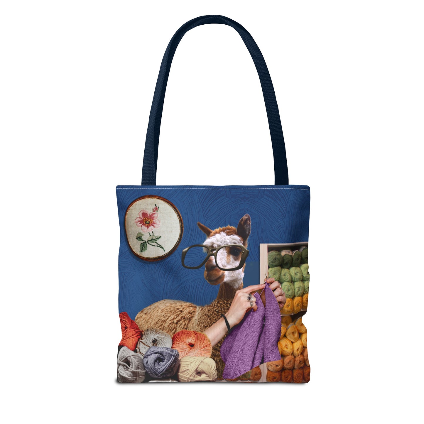 Whimsical Funky Llama Tote Bag: "Llama Tried" - Wearing Glasses and Knitting in Yarn Shop