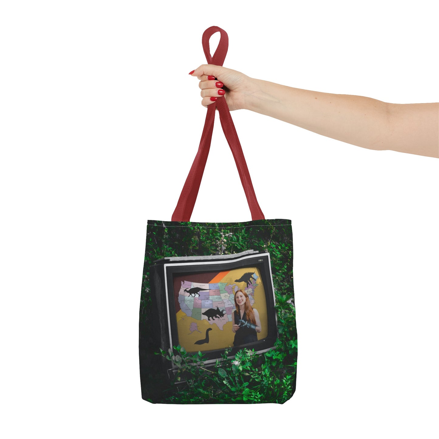 Unique Dystopian TV Scene Tote Bag with Weather Girl & Dinosaurs Map