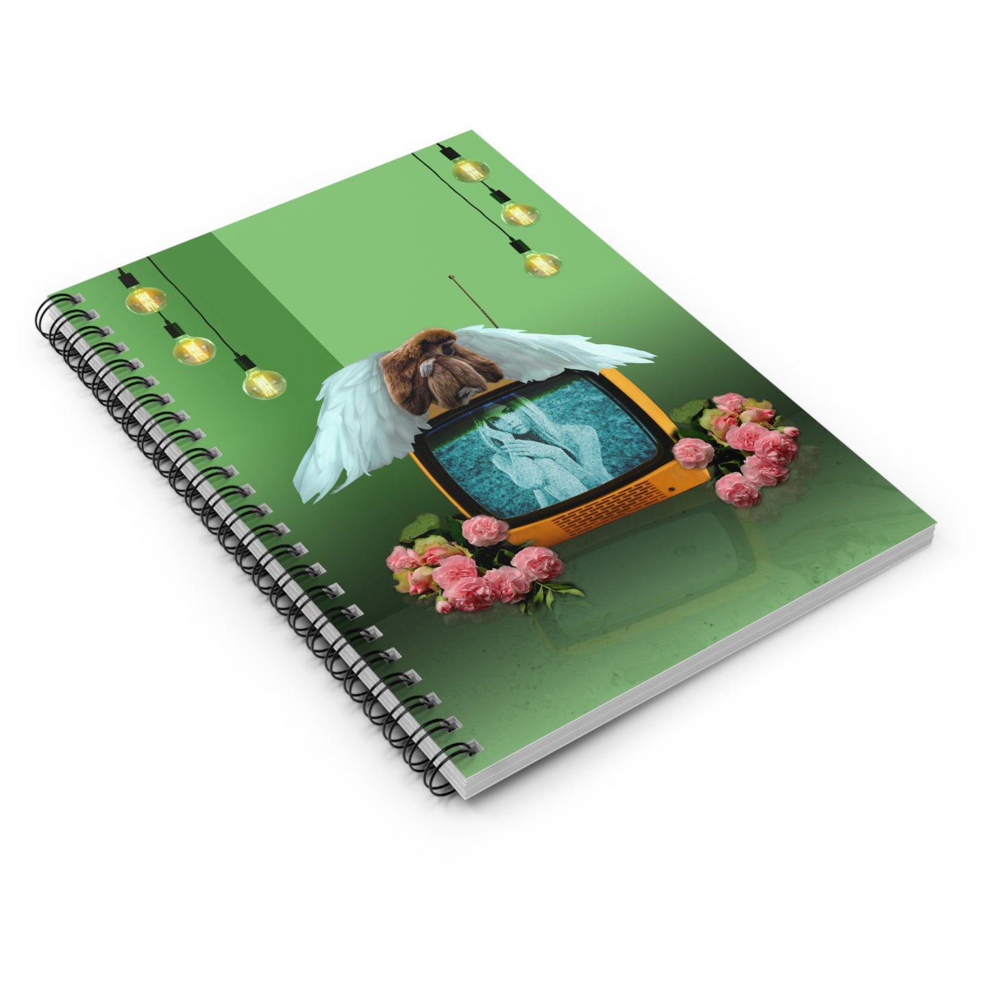 Whimsical Spiral Notebook with Angel Monkey and Vintage TV Surreal Art