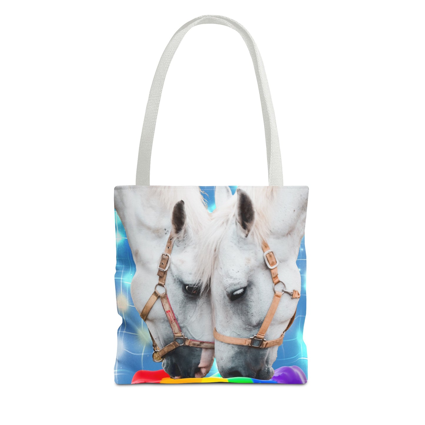 Unique Tote Bag "Pooping Rainbows" Art - White Horses Eating Rainbow Feed