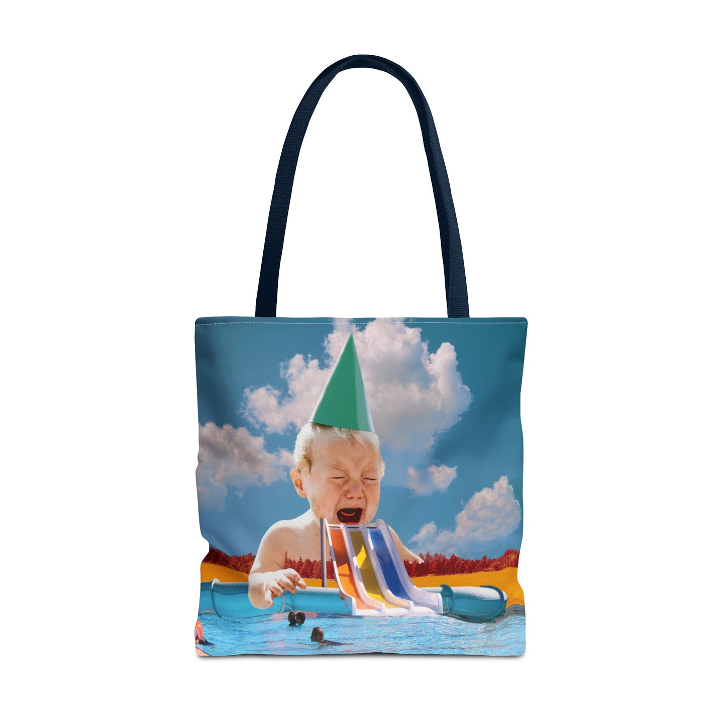 Vibrant Pool Party Beach Tote Bag - Surreal Art Print - Giant Baby and Colorful Pool Slide