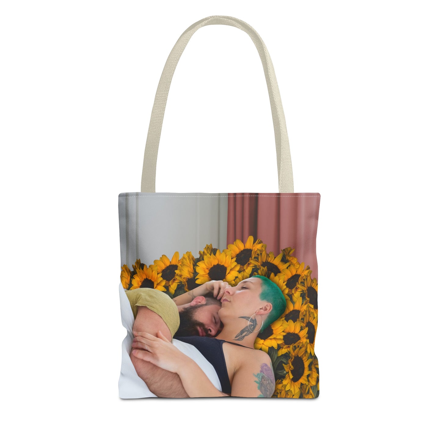 Tranquil Sunflowers Around Cuddling Couple Tote Bag Surreal Art - Loving Design "Sunflowers In Your Room"
