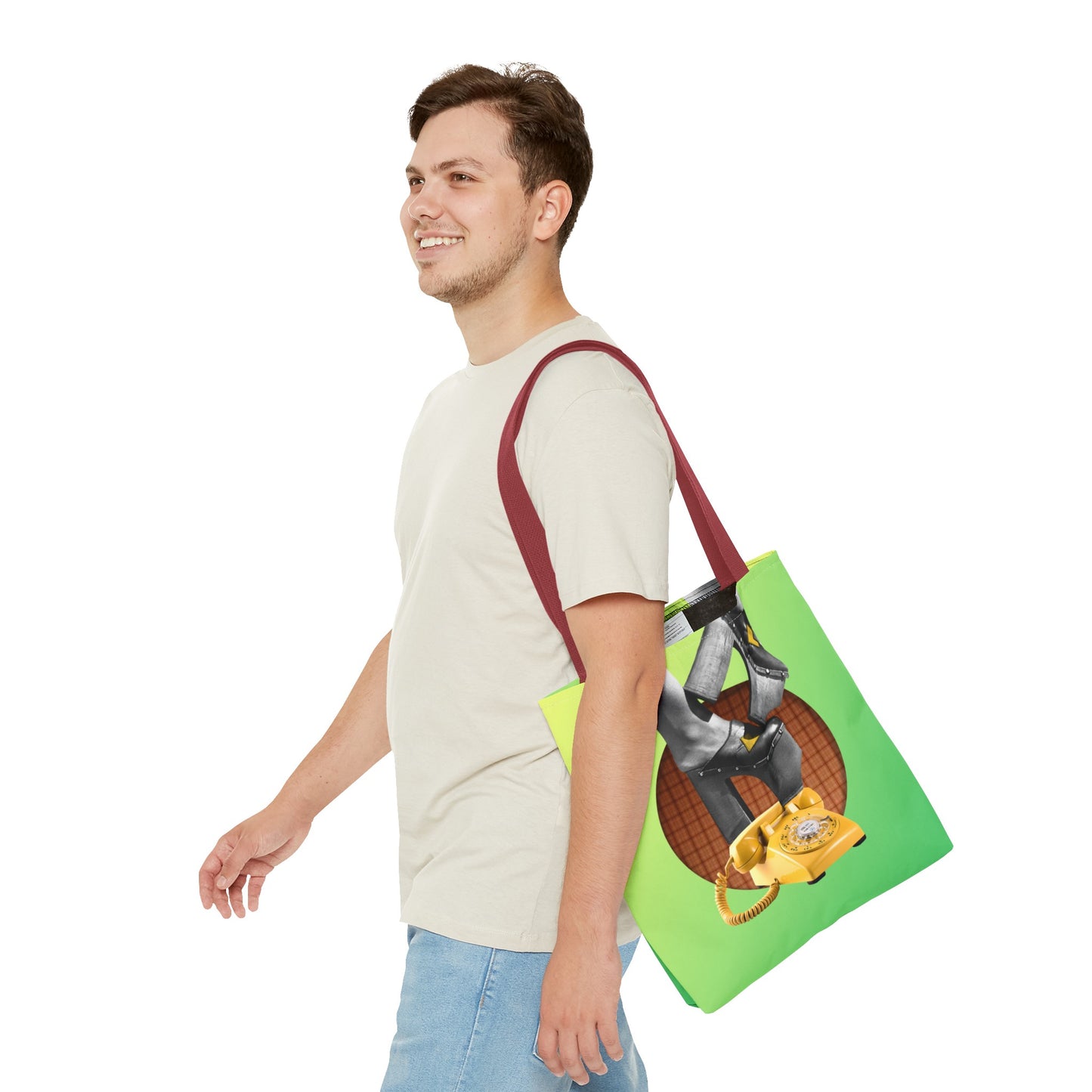 Playful Tote Bag with Collage Art "Hold My Calls" - 70's Platform Shoes and Yellow Rotary Phone