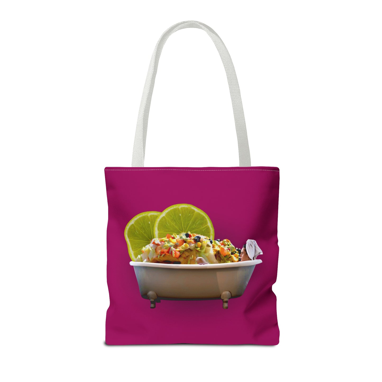 Food Lover's Delight: Woman Soaking in Bathtub with Burrito Tote Bag