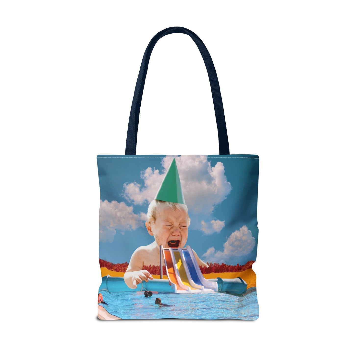 Vibrant Pool Party Beach Tote Bag - Surreal Art Print - Giant Baby and Colorful Pool Slide