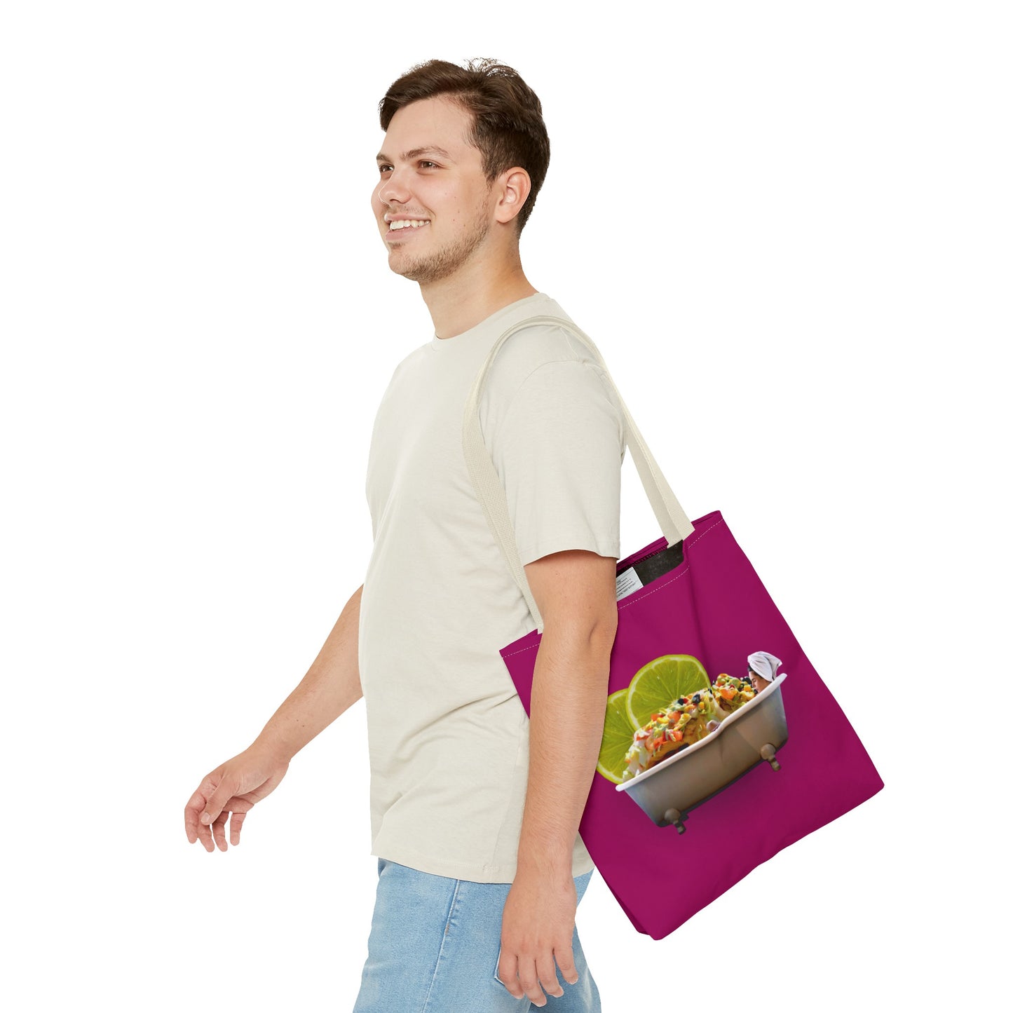 Food Lover's Delight: Woman Soaking in Bathtub with Burrito Tote Bag