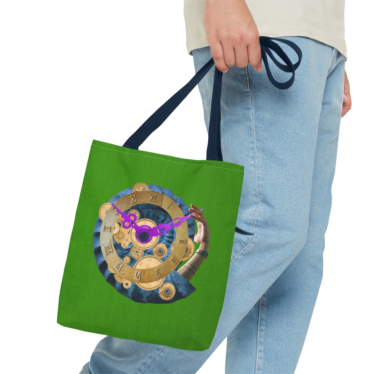 Steampunk Clock Tote Bag with Surreal Ammonite Art Print - Departure Time