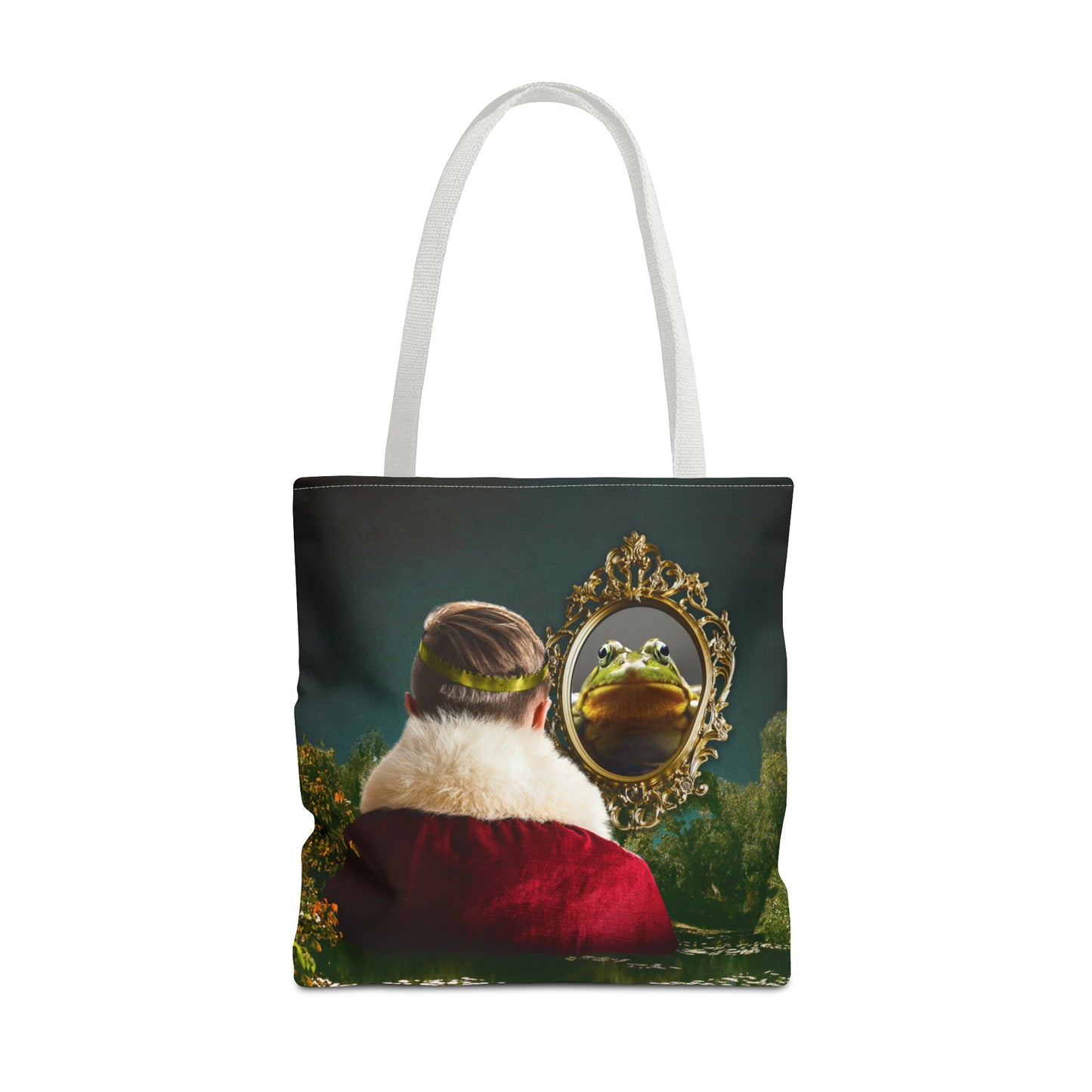 Frog Prince Reflection Tote Bag - Mystic Wetlands Collage Art Print