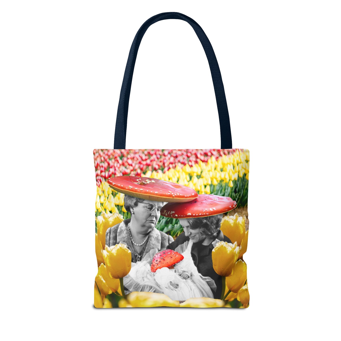 Happy Mushroom Family All Over Print Tote Bag - Surreal Collage Art "Nana's Little Mushroom" in a Field of Tulips