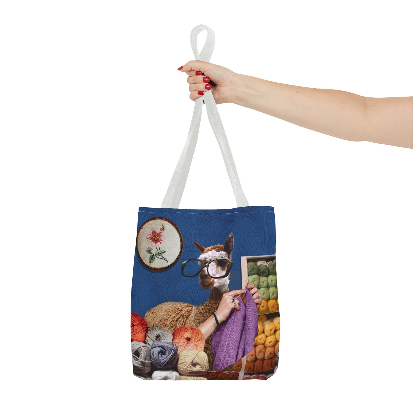 Whimsical Funky Llama Tote Bag: "Llama Tried" - Wearing Glasses and Knitting in Yarn Shop