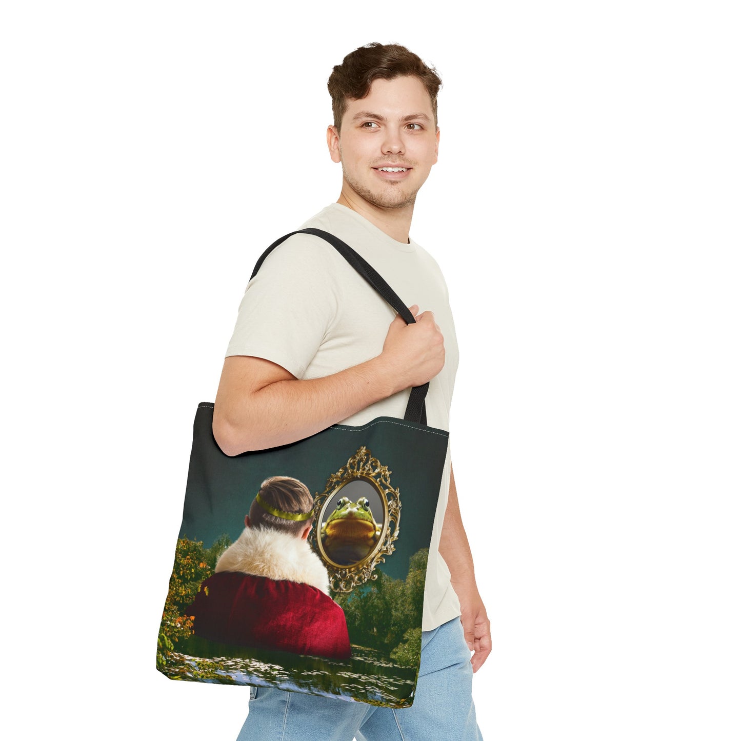 Frog Prince Reflection Tote Bag - Mystic Wetlands Collage Art Print