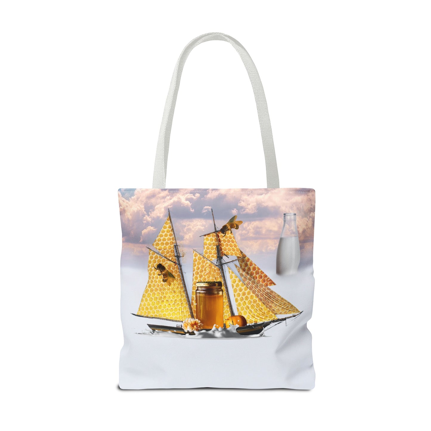 Tote Bag, Bees at Sea on Honeycomb Ship 'Milk & Honey' Surreal Whimsical Collage Art