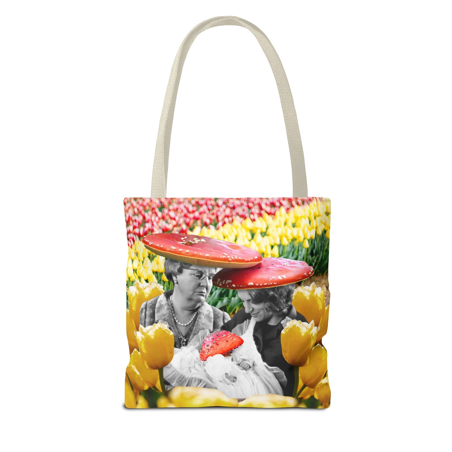 Happy Mushroom Family All Over Print Tote Bag - Surreal Collage Art "Nana's Little Mushroom" in a Field of Tulips