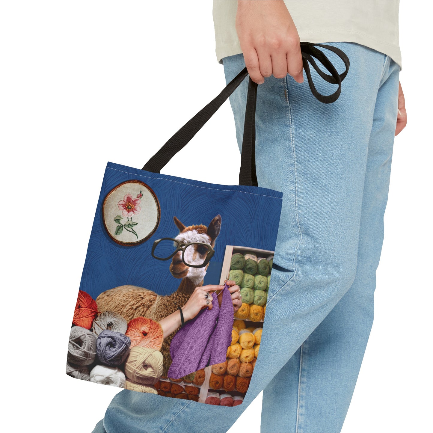 Whimsical Funky Llama Tote Bag: "Llama Tried" - Wearing Glasses and Knitting in Yarn Shop