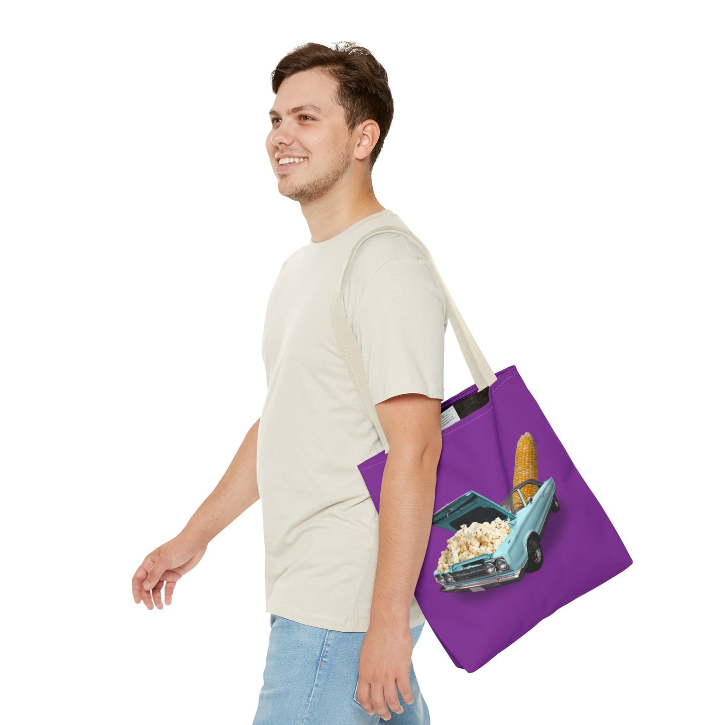 Quirky Tote Bag with Surreal Popcorn Car Art Print - Poppin' Ride