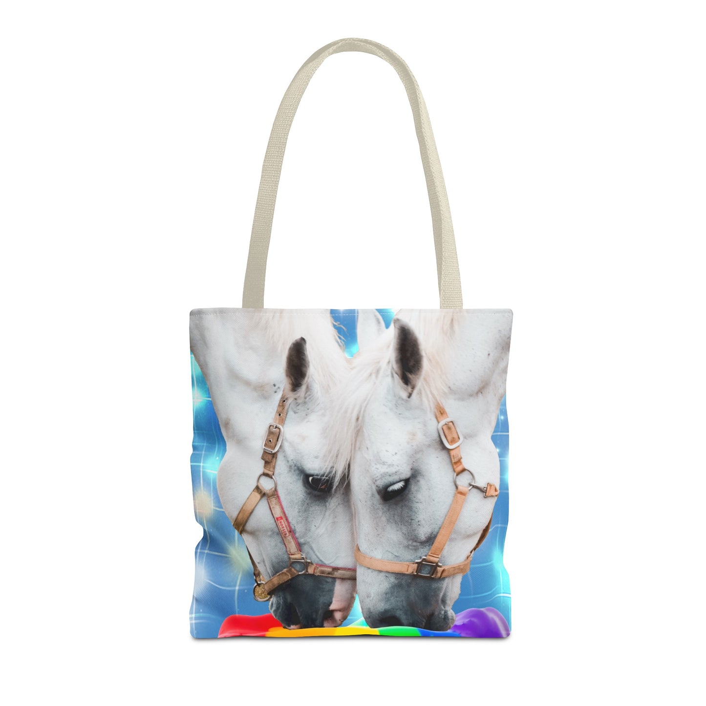 Unique Tote Bag "Pooping Rainbows" Art - White Horses Eating Rainbow Feed