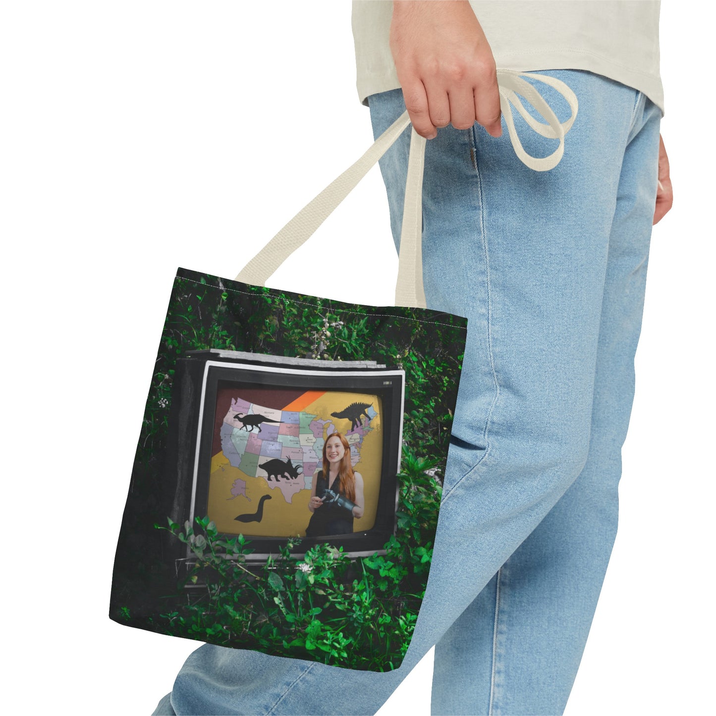 Unique Dystopian TV Scene Tote Bag with Weather Girl & Dinosaurs Map