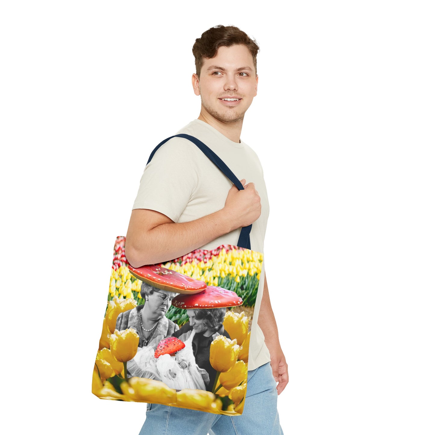 Happy Mushroom Family All Over Print Tote Bag - Surreal Collage Art "Nana's Little Mushroom" in a Field of Tulips