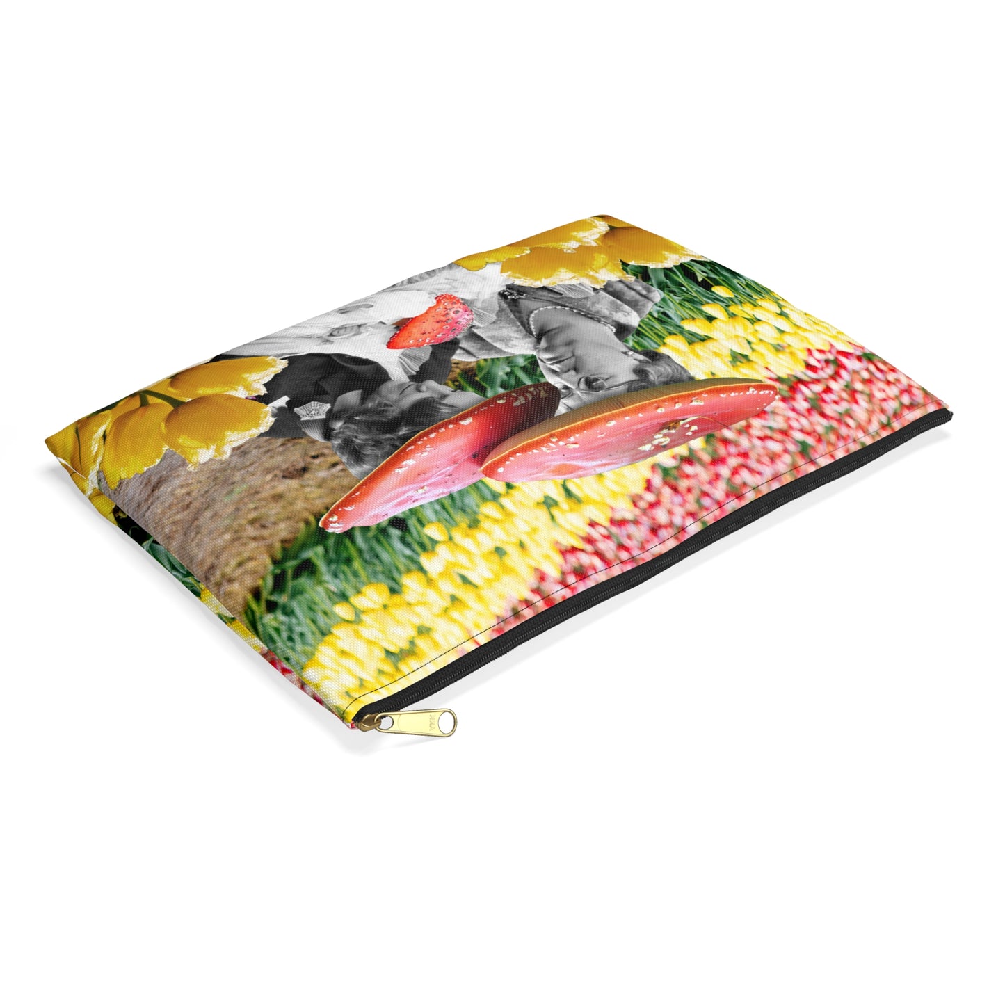 Happy Mushroom Family Accessory Pouch - Surreal Collage Art "Nana's Little Mushroom" in a Field of Tulips