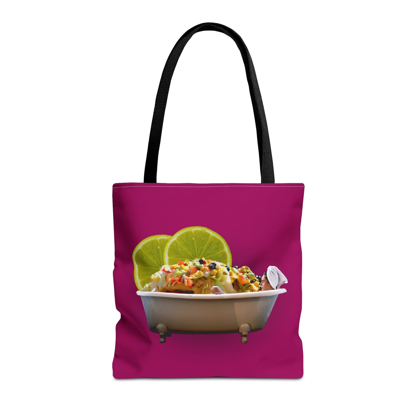 Food Lover's Delight: Woman Soaking in Bathtub with Burrito Tote Bag