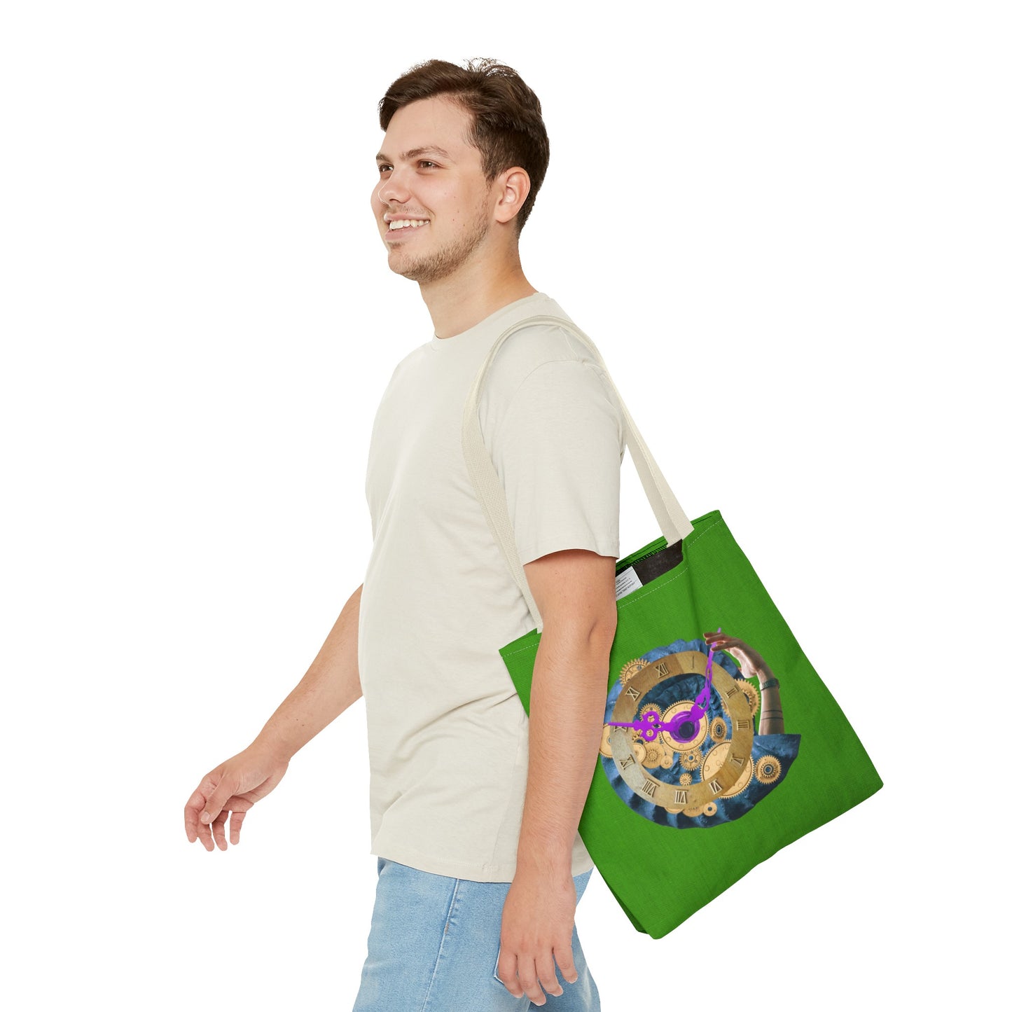 Steampunk Clock Tote Bag with Surreal Ammonite Art Print - Departure Time