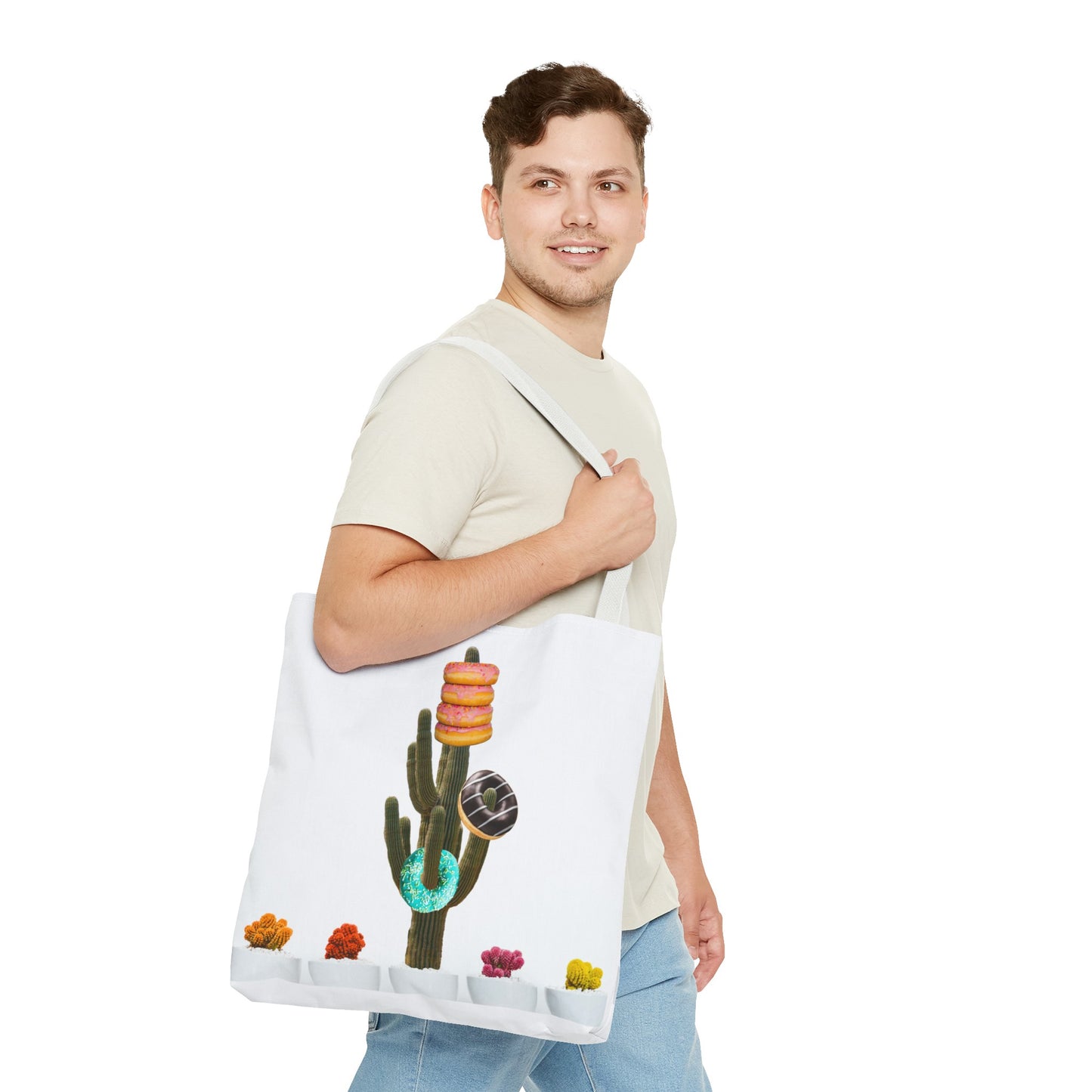 Collage Art Tote Bag featuring 'Giving Tree' & Colorful Donut Cactus Design