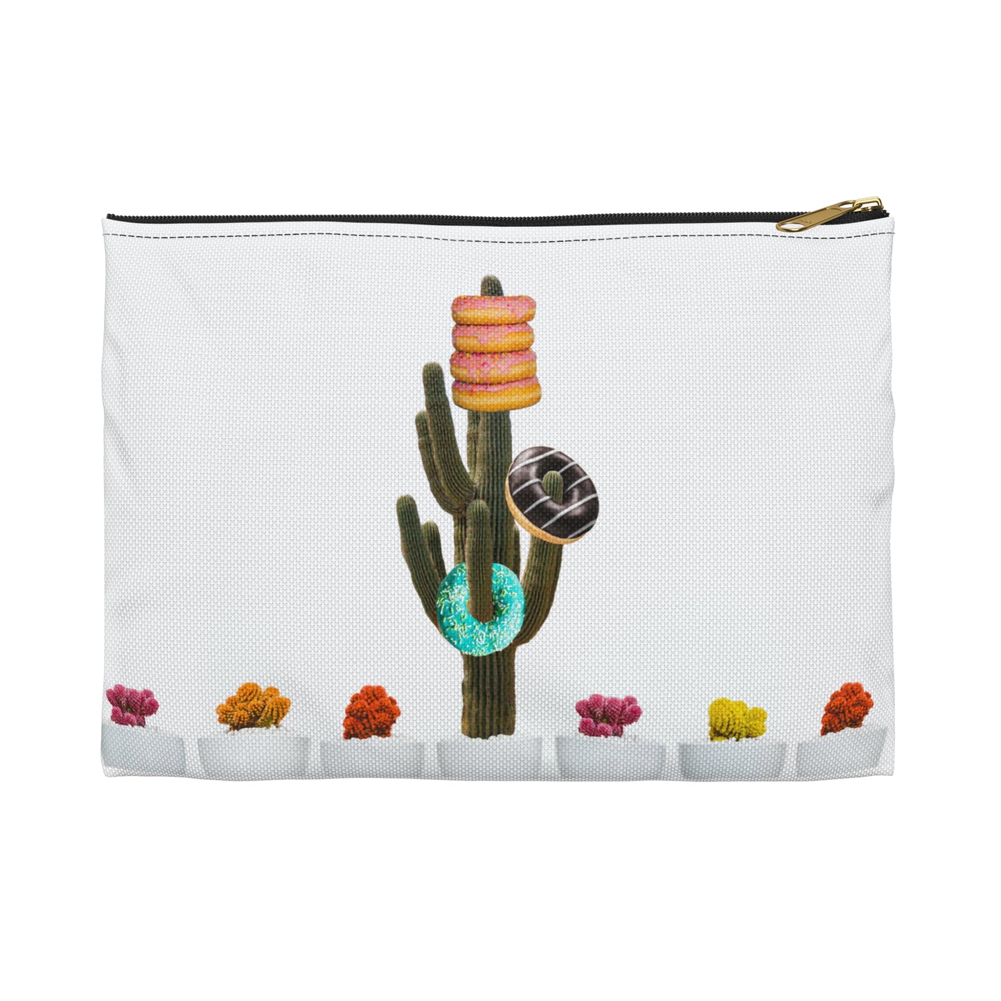 Unique Accessory Pouch Featuring 'Giving Tree' Collage Art with Colorful Donut Cactus Design
