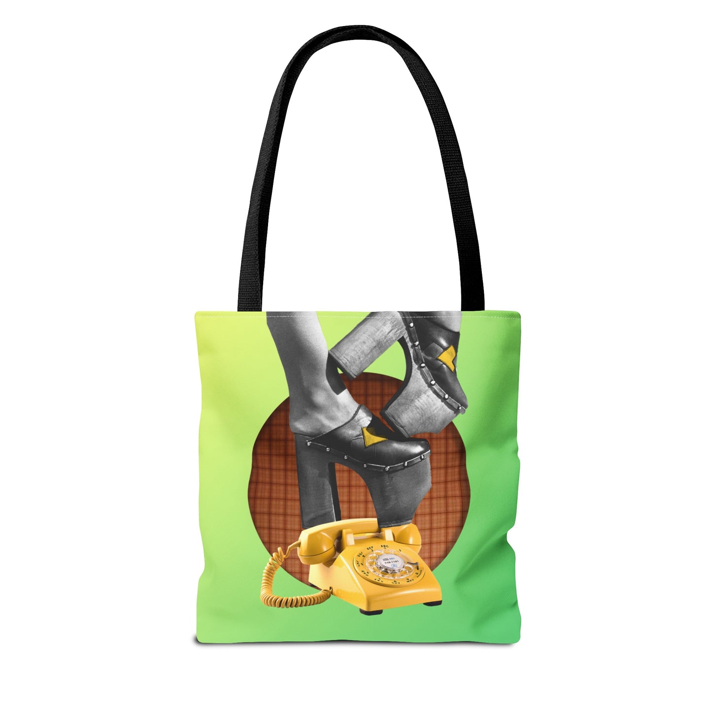 Playful Tote Bag with Collage Art "Hold My Calls" - 70's Platform Shoes and Yellow Rotary Phone