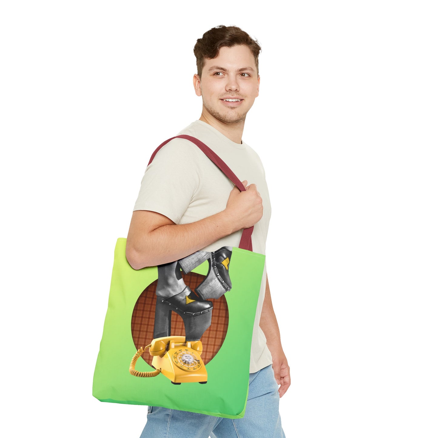 Playful Tote Bag with Collage Art "Hold My Calls" - 70's Platform Shoes and Yellow Rotary Phone