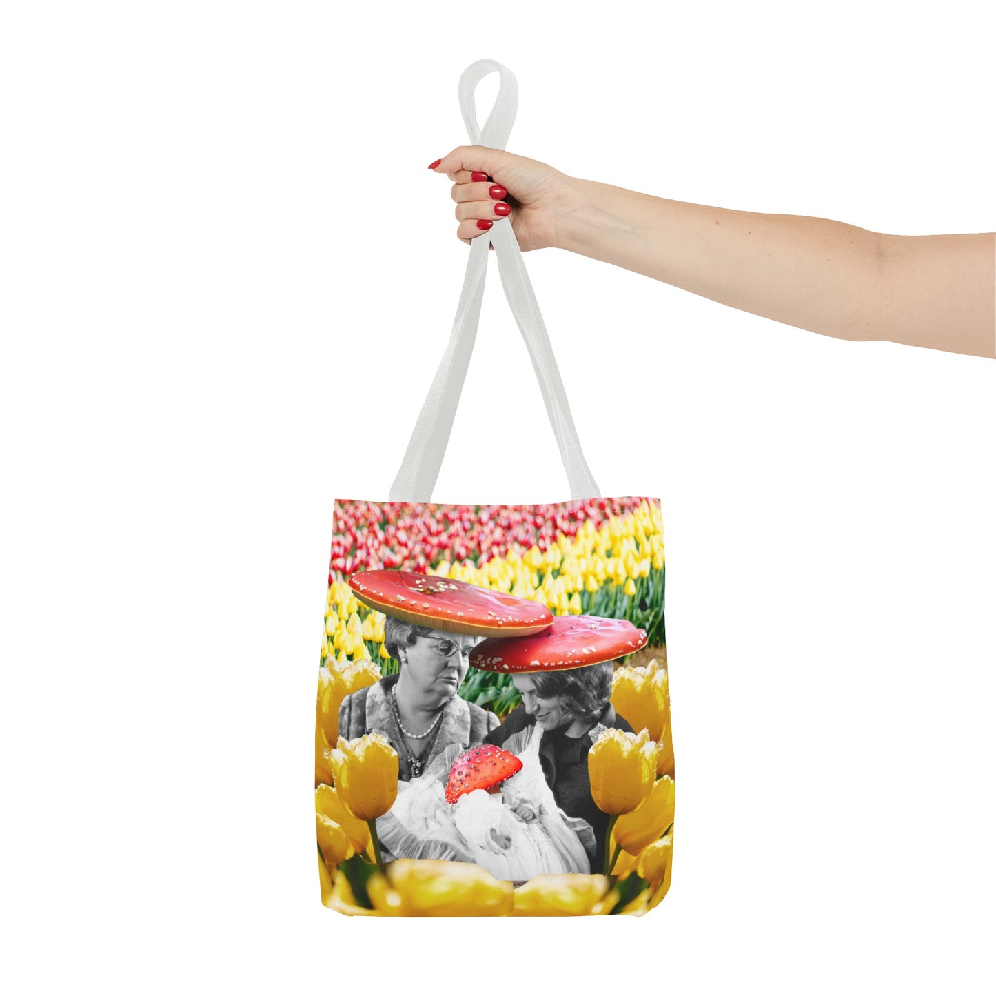 Happy Mushroom Family All Over Print Tote Bag - Surreal Collage Art "Nana's Little Mushroom" in a Field of Tulips