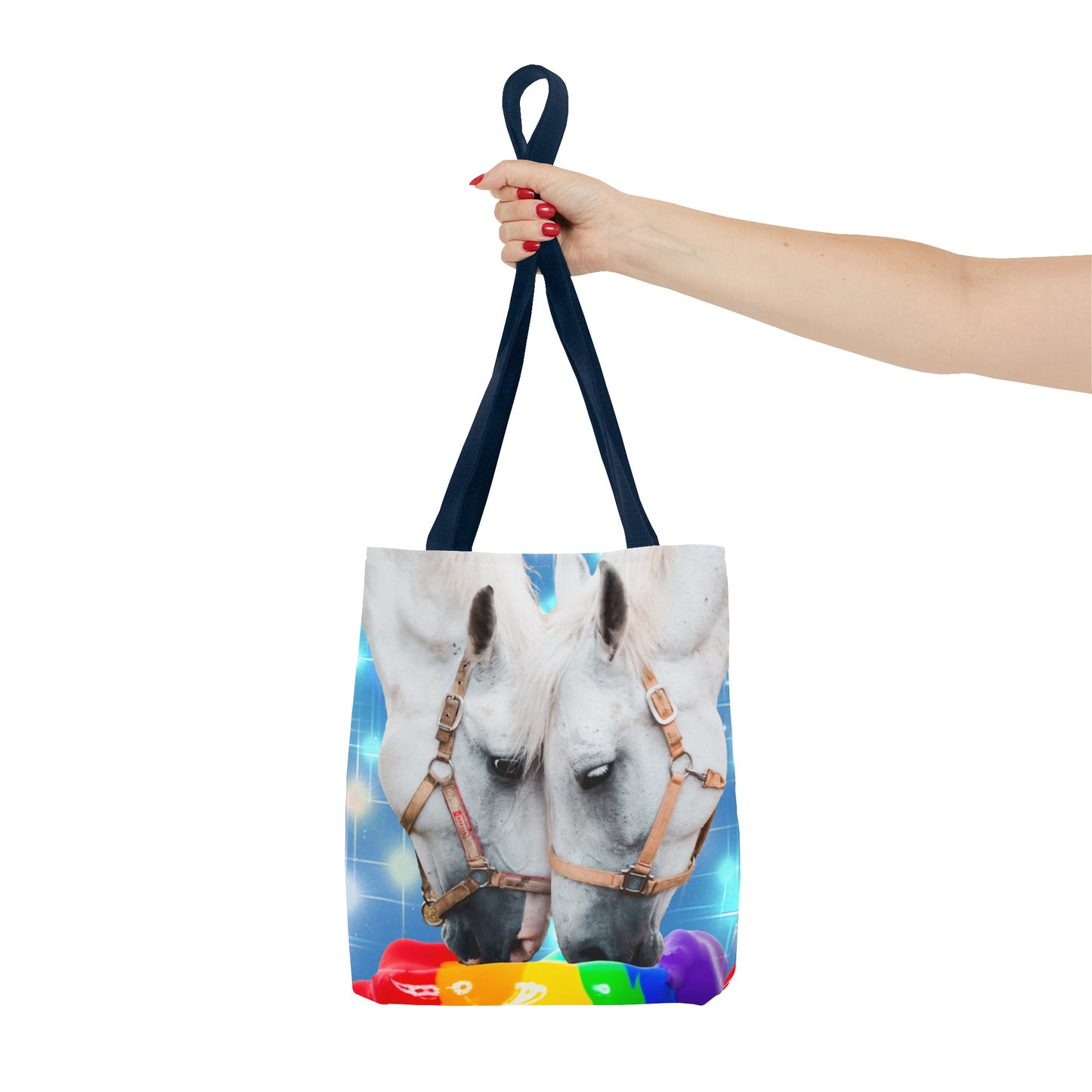 Unique Tote Bag "Pooping Rainbows" Art - White Horses Eating Rainbow Feed