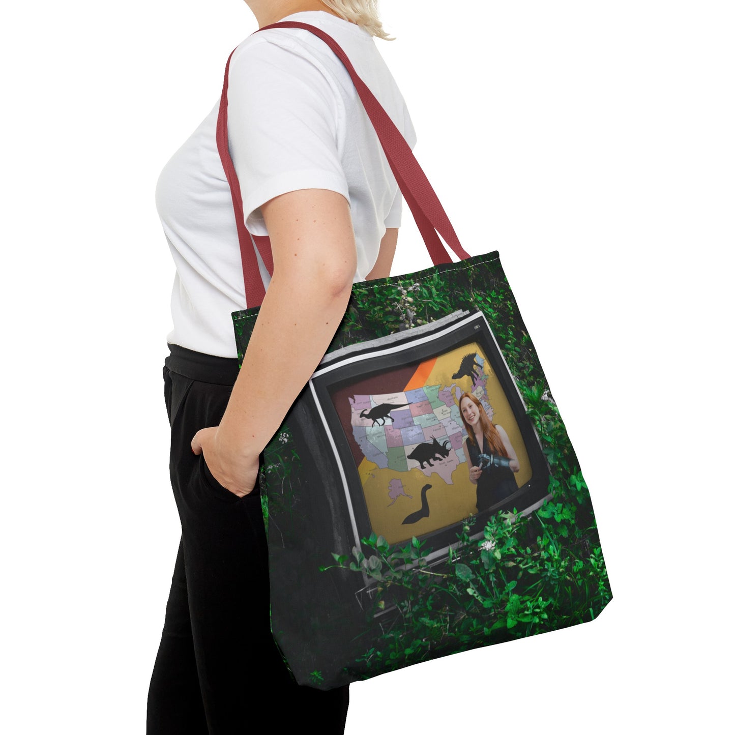 Unique Dystopian TV Scene Tote Bag with Weather Girl & Dinosaurs Map