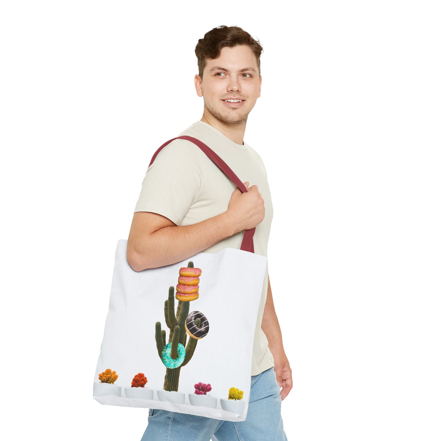 Collage Art Tote Bag featuring 'Giving Tree' & Colorful Donut Cactus Design