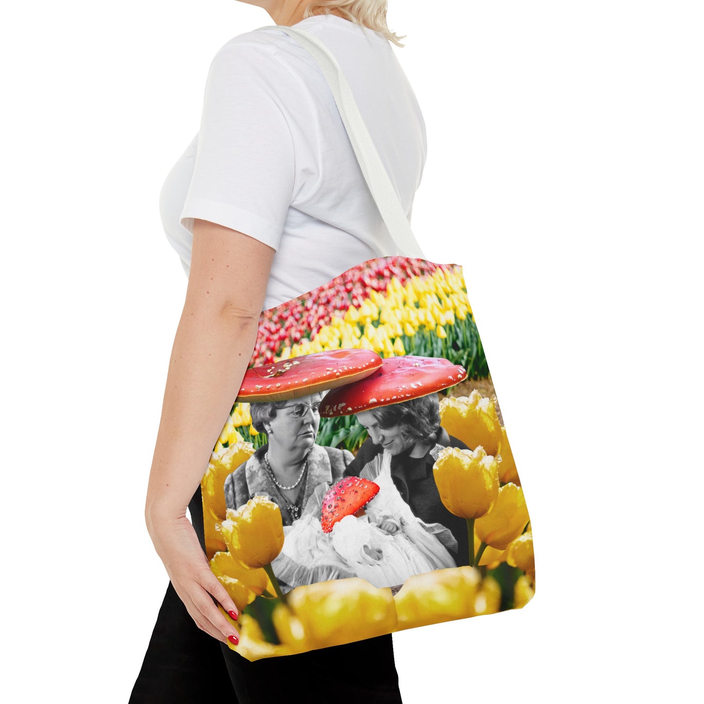 Happy Mushroom Family All Over Print Tote Bag - Surreal Collage Art "Nana's Little Mushroom" in a Field of Tulips