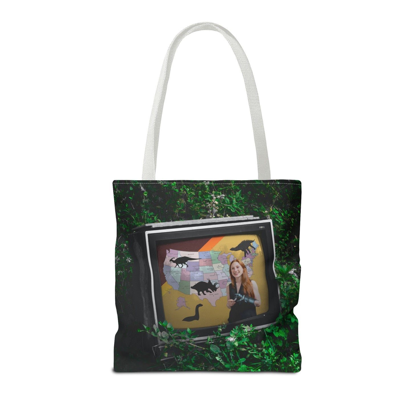 Unique Dystopian TV Scene Tote Bag with Weather Girl & Dinosaurs Map
