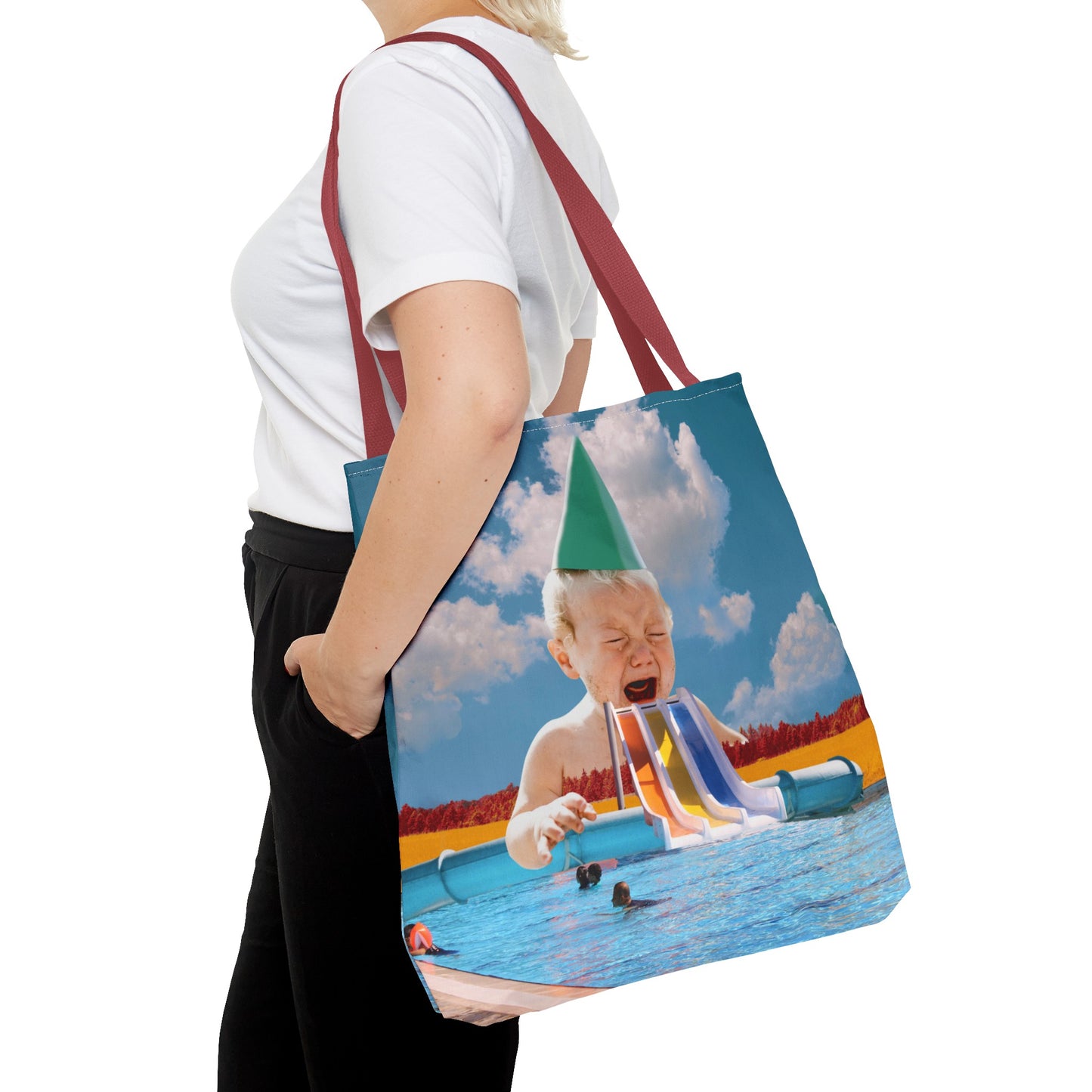 Vibrant Pool Party Beach Tote Bag - Surreal Art Print - Giant Baby and Colorful Pool Slide