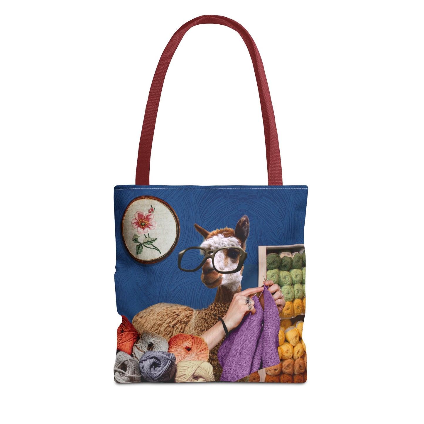 Whimsical Funky Llama Tote Bag: "Llama Tried" - Wearing Glasses and Knitting in Yarn Shop
