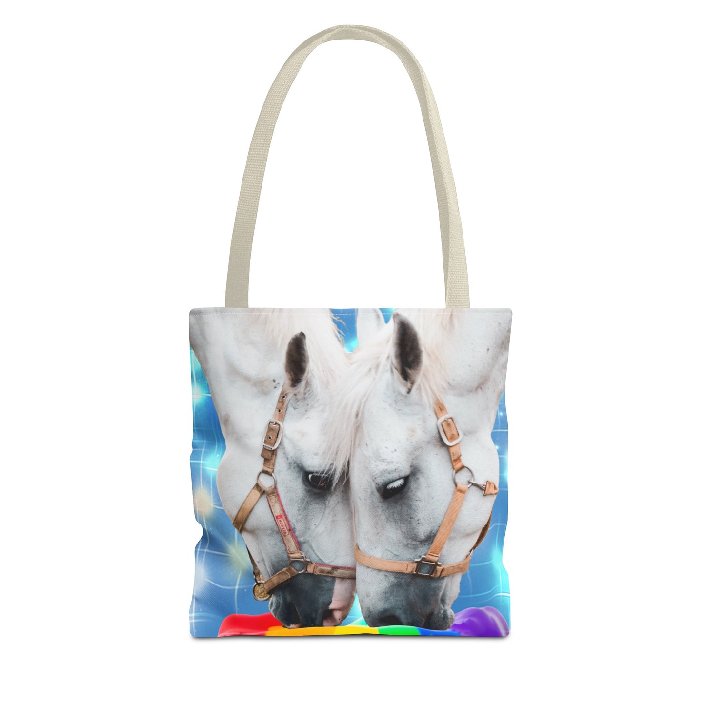 Unique Tote Bag "Pooping Rainbows" Art - White Horses Eating Rainbow Feed
