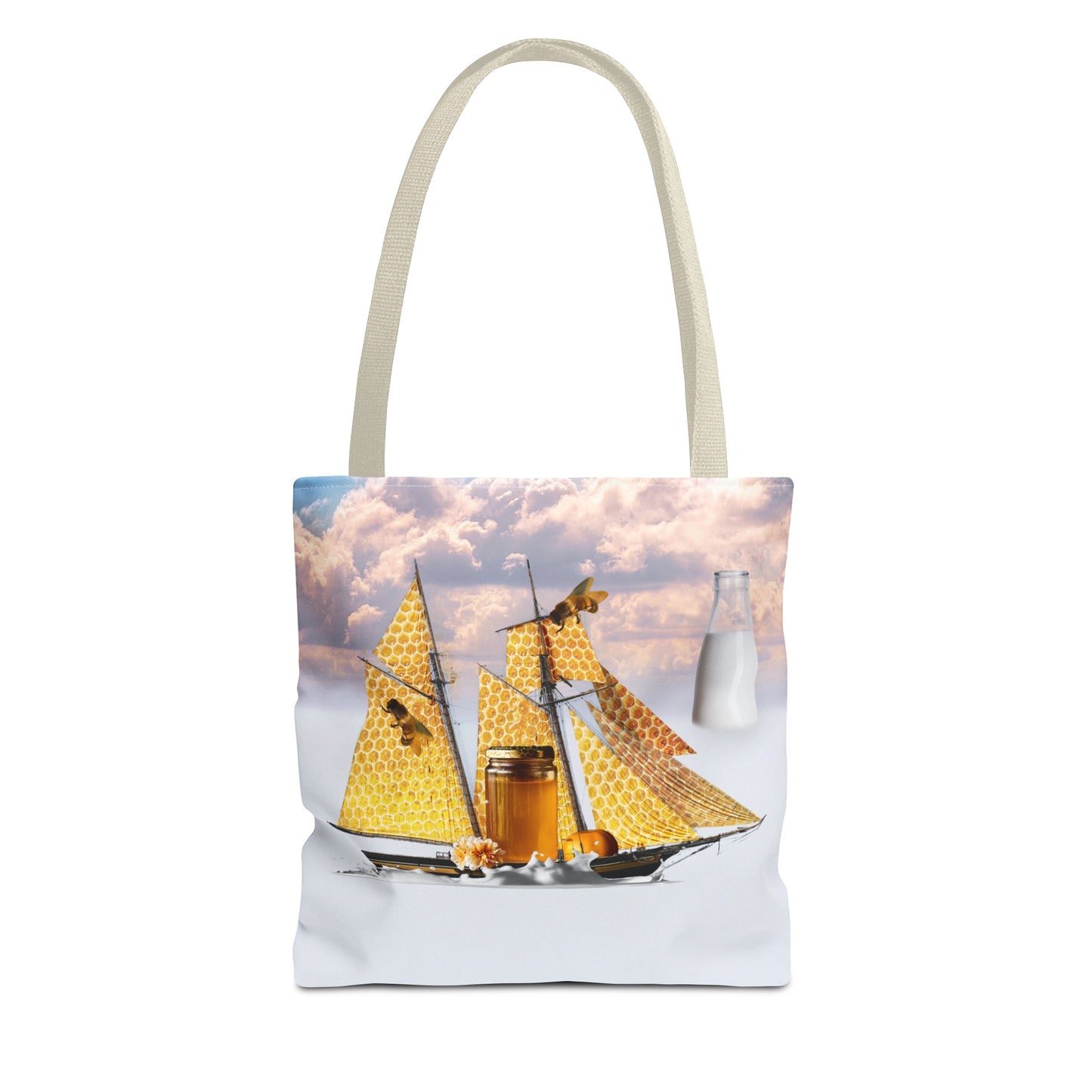 Tote Bag, Bees at Sea on Honeycomb Ship 'Milk & Honey' Surreal Whimsical Collage Art