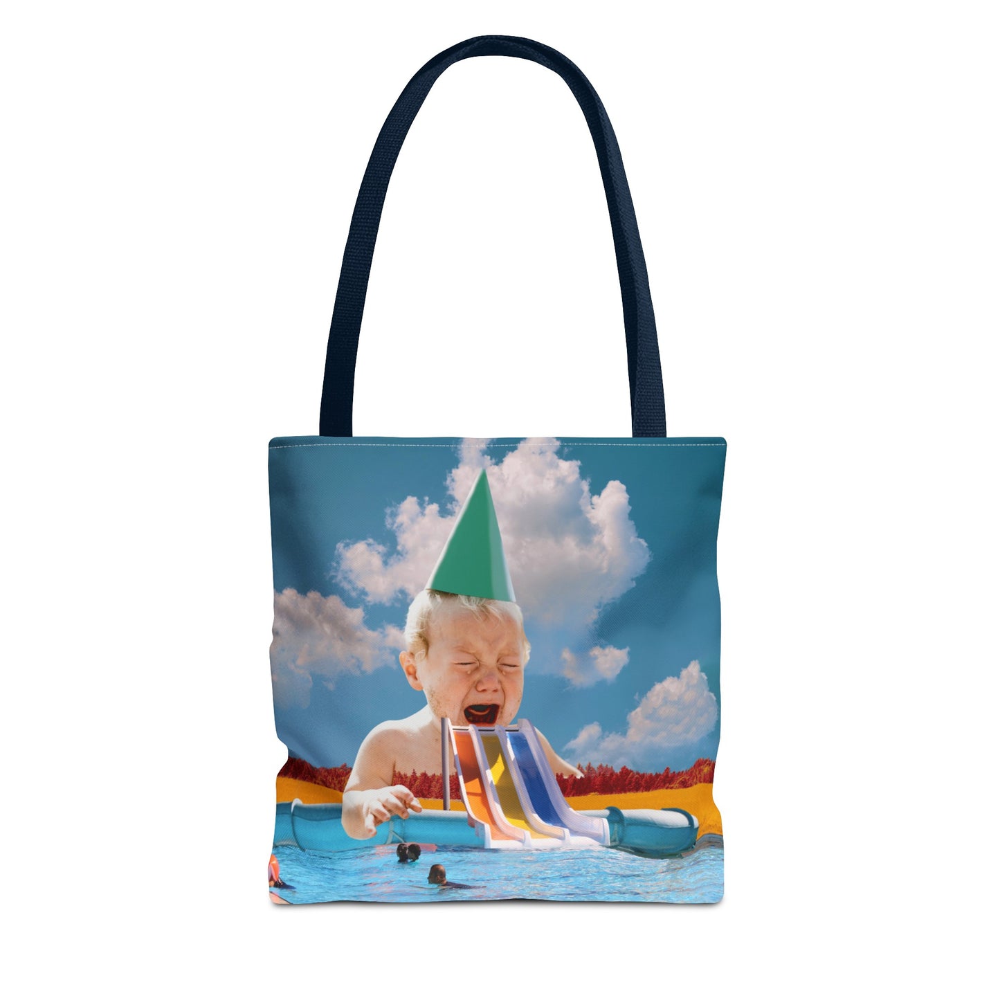 Vibrant Pool Party Beach Tote Bag - Surreal Art Print - Giant Baby and Colorful Pool Slide