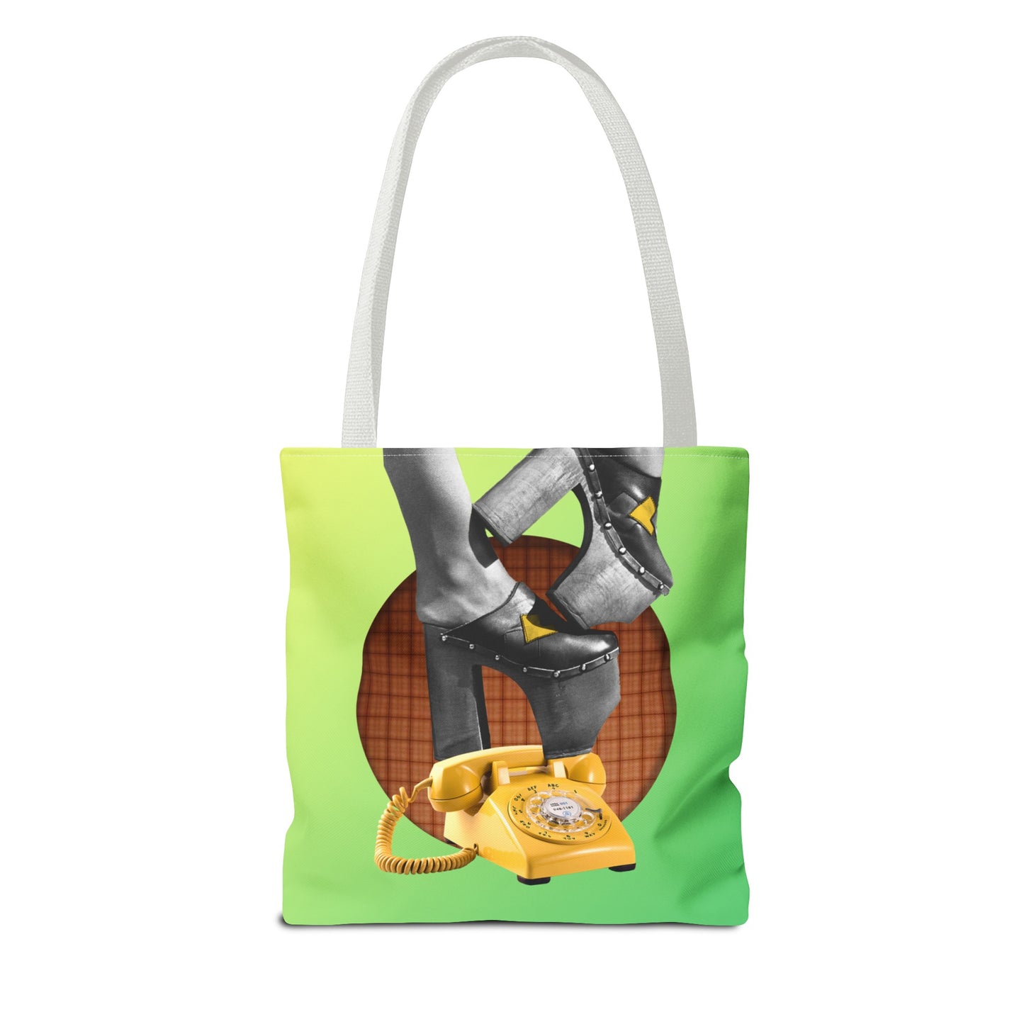 Playful Tote Bag with Collage Art "Hold My Calls" - 70's Platform Shoes and Yellow Rotary Phone