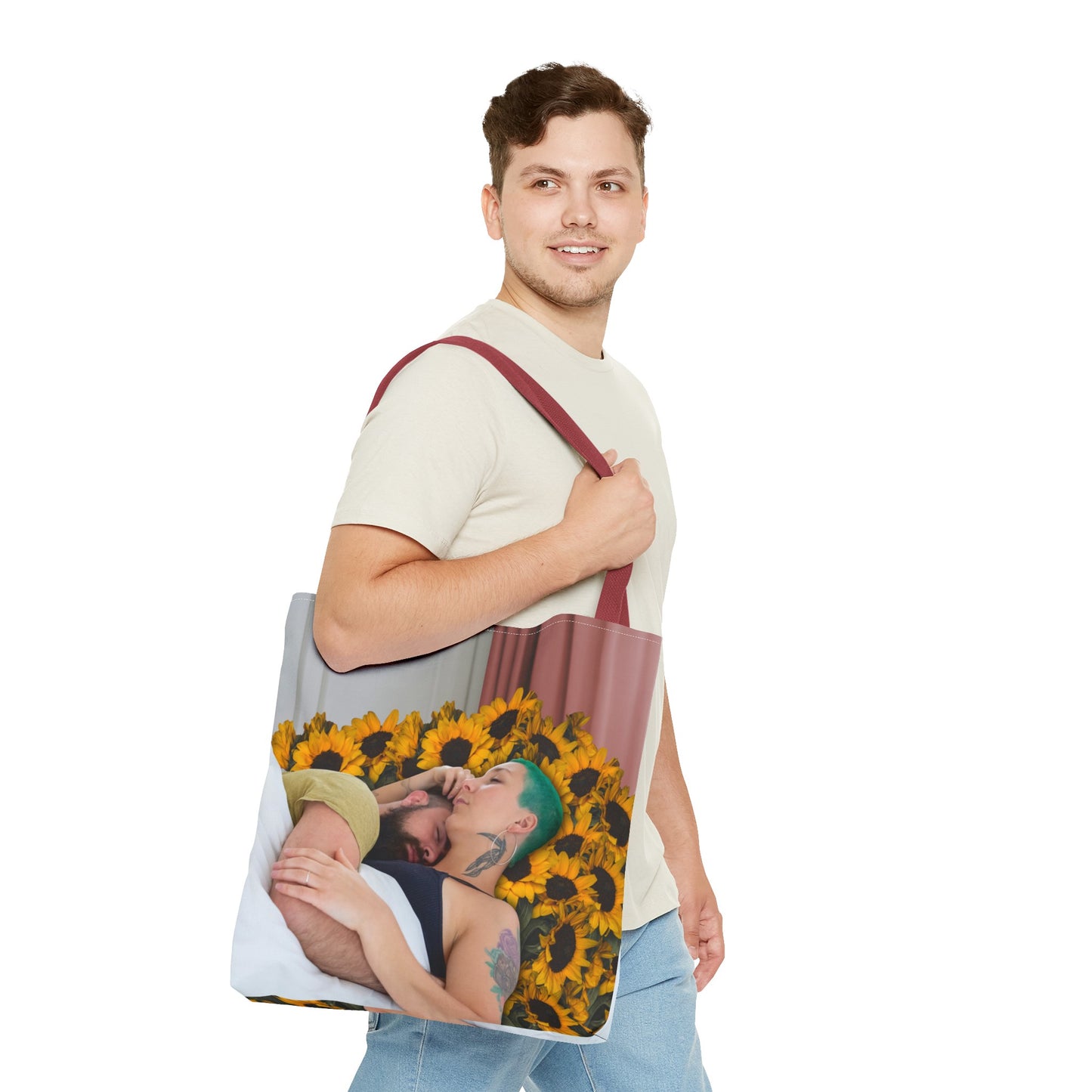 Tranquil Sunflowers Around Cuddling Couple Tote Bag Surreal Art - Loving Design "Sunflowers In Your Room"