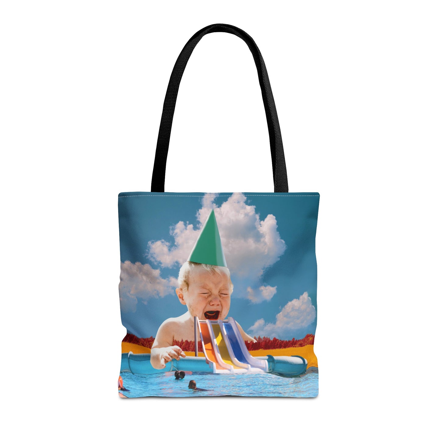 Vibrant Pool Party Beach Tote Bag - Surreal Art Print - Giant Baby and Colorful Pool Slide