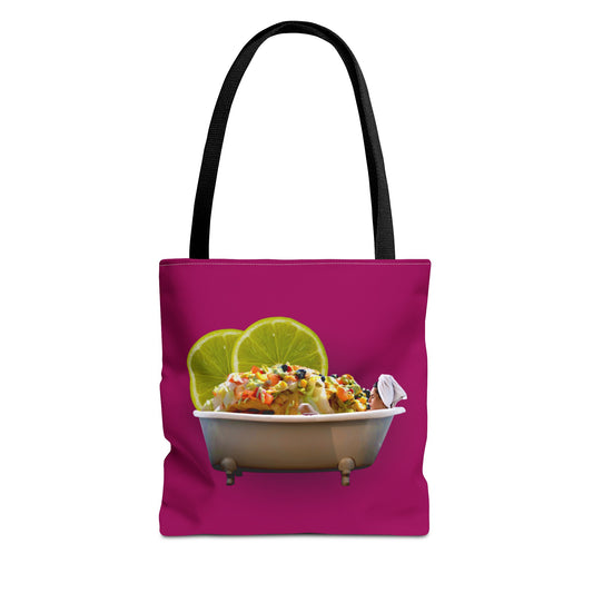 Food Lover's Delight: Woman Soaking in Bathtub with Burrito Tote Bag