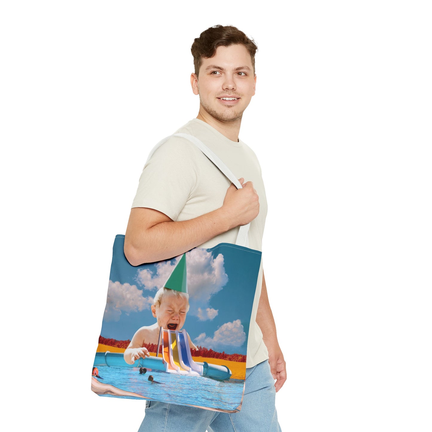 Vibrant Pool Party Beach Tote Bag - Surreal Art Print - Giant Baby and Colorful Pool Slide