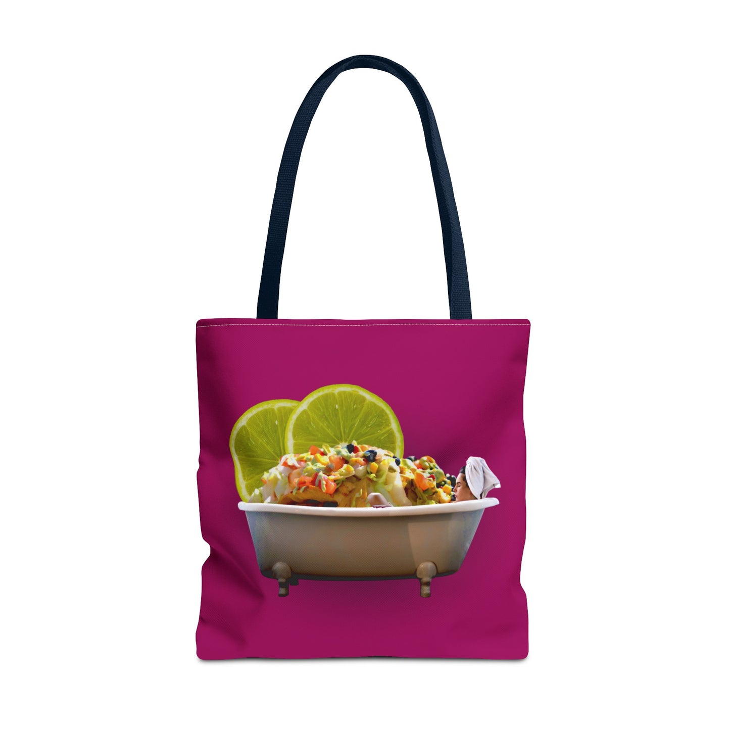 Food Lover's Delight: Woman Soaking in Bathtub with Burrito Tote Bag