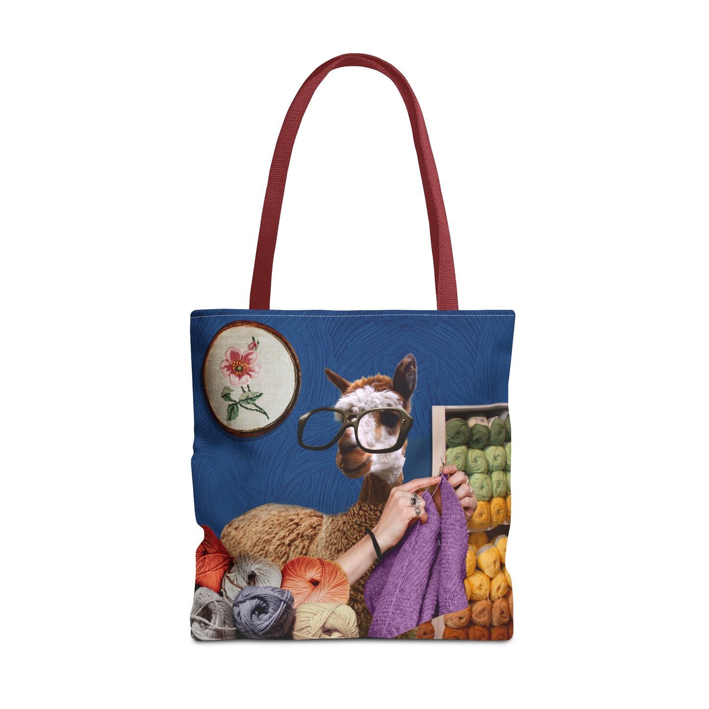 Whimsical Funky Llama Tote Bag: "Llama Tried" - Wearing Glasses and Knitting in Yarn Shop