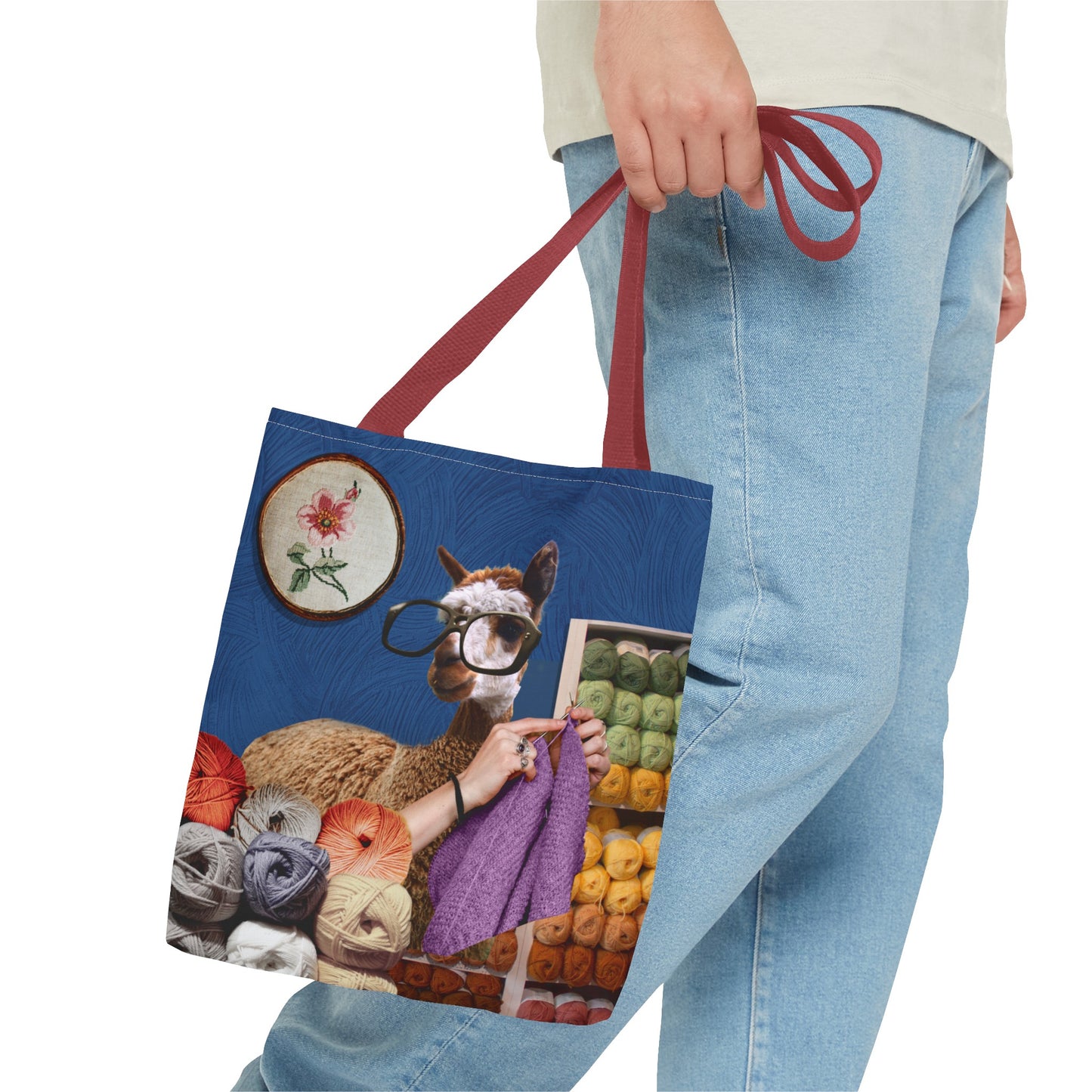 Whimsical Funky Llama Tote Bag: "Llama Tried" - Wearing Glasses and Knitting in Yarn Shop