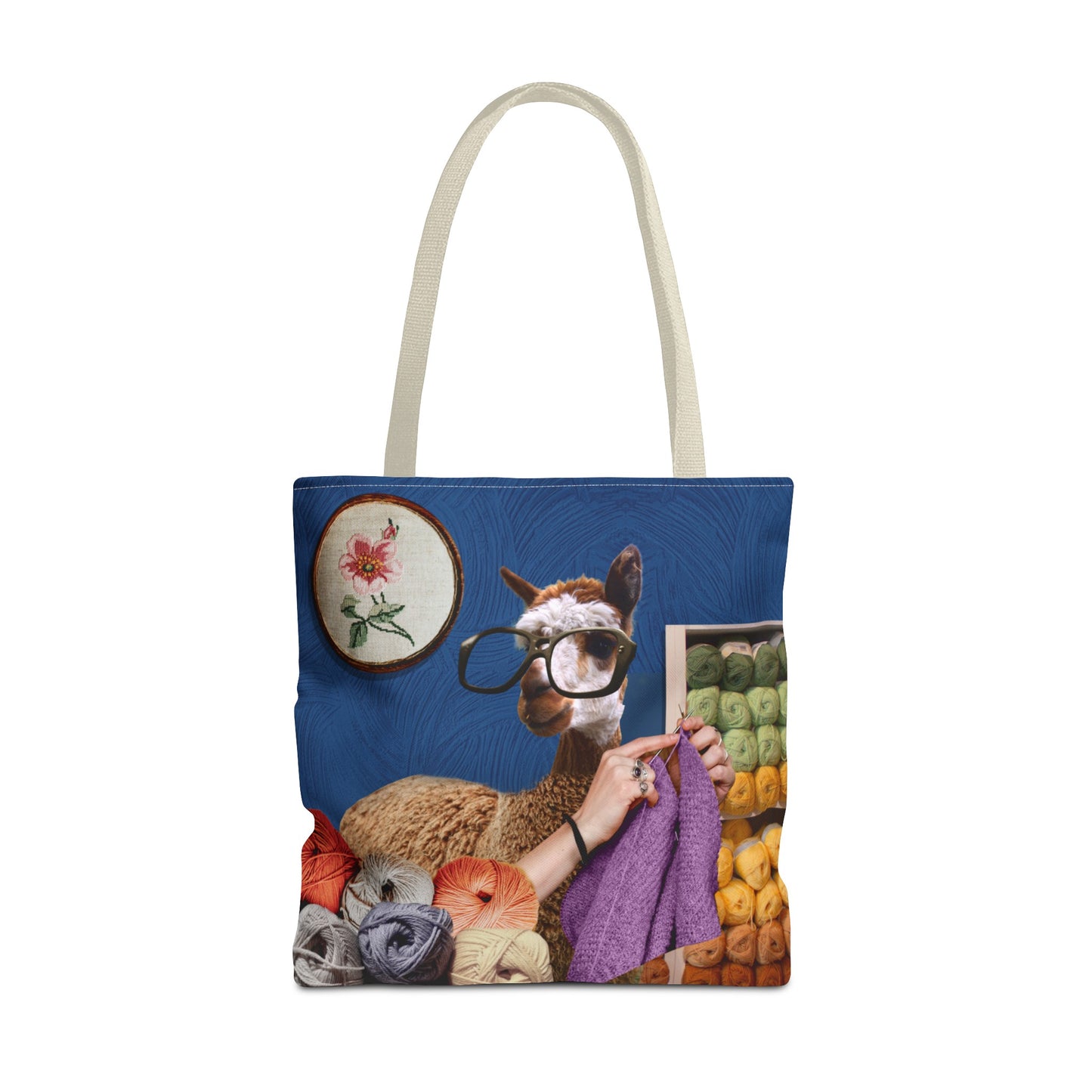 Whimsical Funky Llama Tote Bag: "Llama Tried" - Wearing Glasses and Knitting in Yarn Shop